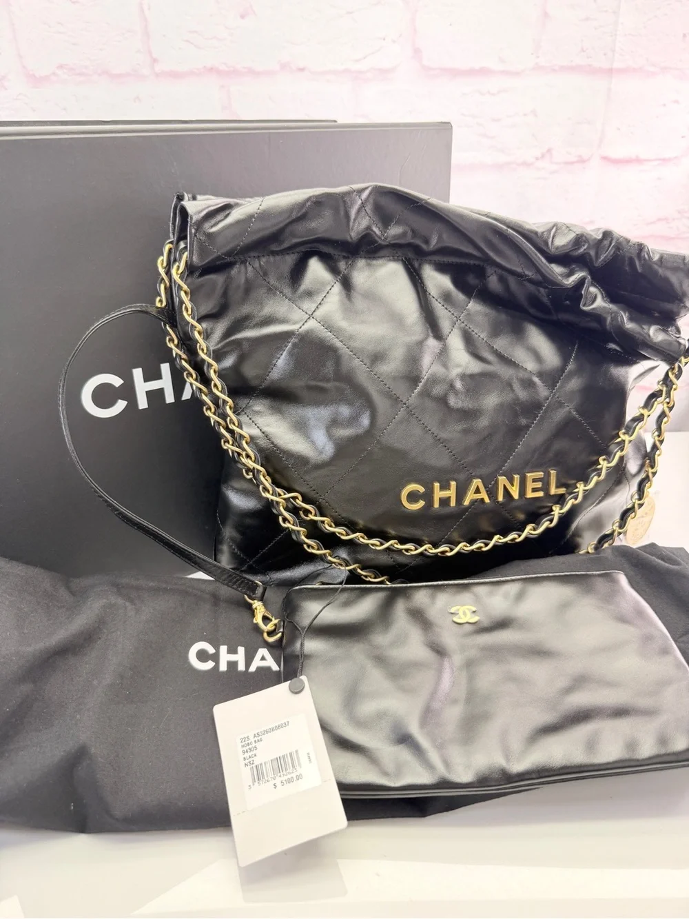 Chanel NWT 22 Shiny Black Quilted Calfskin Leather Hobo Bag with Pouch